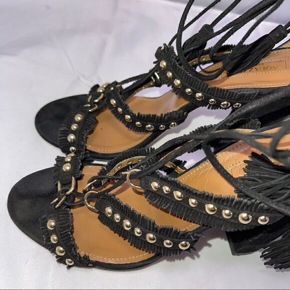 𝅺Aquazzurra Sandals Firenze Tulum Black Suede Sandals Chunky Heel Size 37 U.S. 6 - Picture 6 of 15